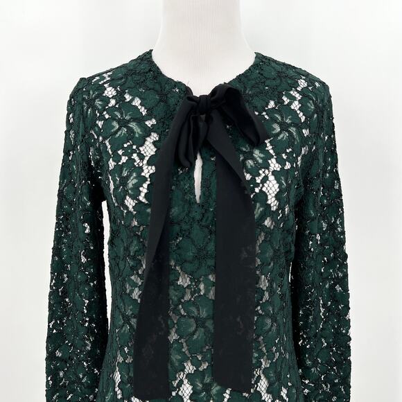 SANDRO Lace Dress Womens Small Green Long Sleeve Tie Neck Mini Sheath - Picture 3 of 16